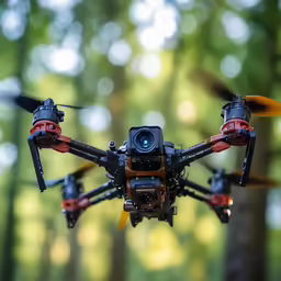 an aerial view of an orange and yellow quadcoptel
