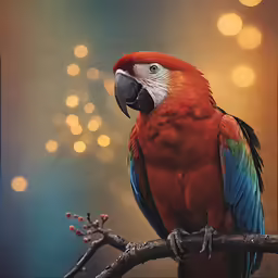 a large red and blue bird sitting on top of a branch
