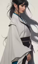 an oriental woman with long hair in a white and black dress