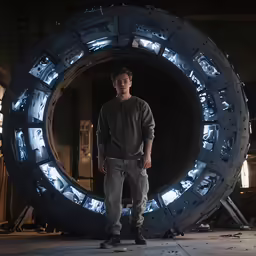 a man standing in front of a large tire wheel