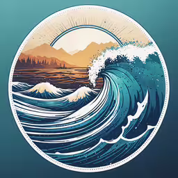 the ocean and mountains with an illustration in the middle,the water is very large with waves coming out of it