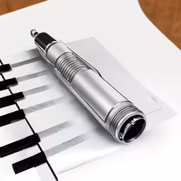 a pen sitting on top of a set of five envelopes