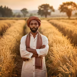 a man with his arms crossed in a wheat field