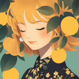 a woman with yellow hair and green leaves around her head