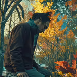the man is sitting on the bench surrounded by the foliage