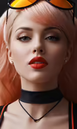 a beautiful blond woman wearing shades, red lipstick and black choker