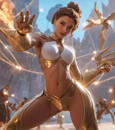 woman in golden outfit on stage and with hands outstretched