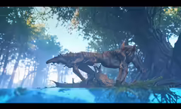 two animals walking along the grass next to trees
