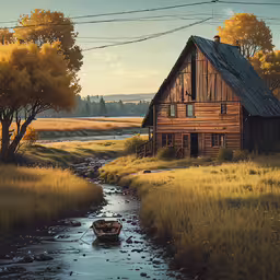 an old rustic looking cabin sits by a stream,the boat is coming down the river through the country side