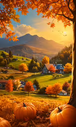 an orange - colored landscape with pumpkins in a field,a painting of a beautiful autumn scene with houses and pumpkins