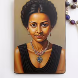 a painting of a woman with a necklace on it,an image of a woman in black and wearing jewels,a close up of a woman on a tile,a necklace on a keychain with a painting of an african woman,a portrait of a woman wearing a black dress