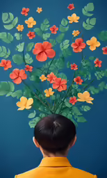 man with flowers above his head in front of a blue wall