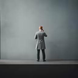 a woman in a gray suit looks off into the distance