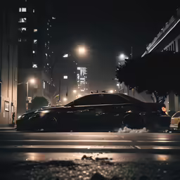 a black car smoking on the street during night