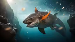 a large fish swimming underwater next to rocks