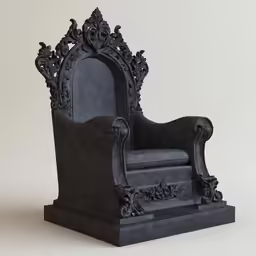 a gothic chair sitting on a table with a stone slab underneath