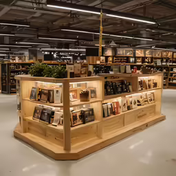 a wooden display with books and photographs inside