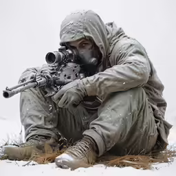 man in military gear kneeling on the ground holding rifle