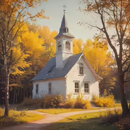 an old white church in the woods with trees lining the road