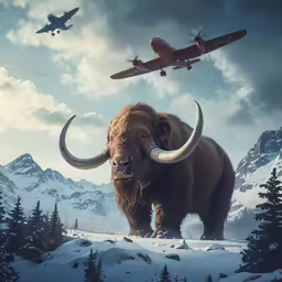 an illustration of a bison and a biplane flying over snow covered mountains