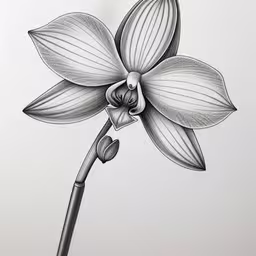 a black and white photo of a single flower,the flower has long stem and is very thin