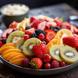 a platter with fruit displayed on top of a table