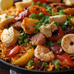 a colorful salad that includes mushrooms, peppers, tomatoes, and tofu