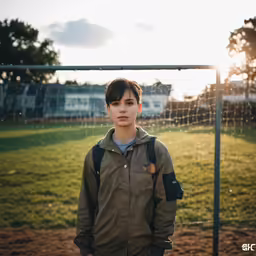the young man is standing next to the soccer goal
