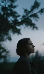 a person looking towards the trees during the dusk