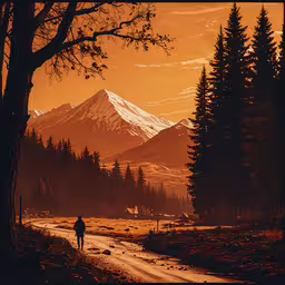 a man walking down the road near trees and mountains,a person walking down a road surrounded by trees