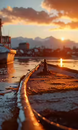 the boat is sitting at the dock during the sunset