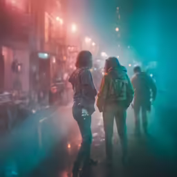 two women walking down a street at night in jackets