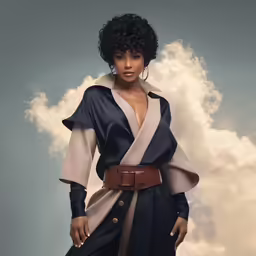 an artistic rendering of a woman standing in front of clouds
