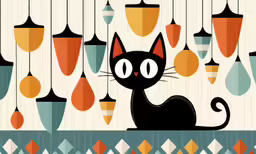 an illustrated cat sitting underneath hanging light bulbs