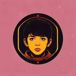 a pink background with a round yellow - colored drawing of a girl,the girl with the orange hair is looking into the camera