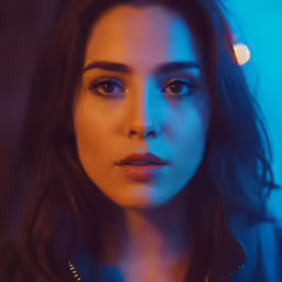 a woman with blue lights behind her and a dark, blue background
