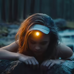 woman in the dark with yellow eyes and a headband
