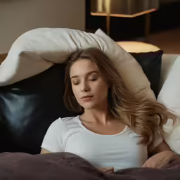 a young woman laying in bed and asleep with a white pillow