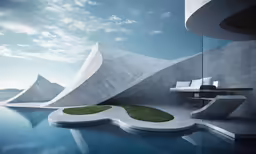 a modern living room with a pool next to it