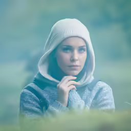 a woman in the park with a hood on her head