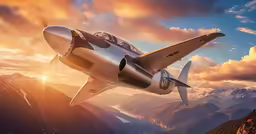 a plane flies over a mountain range during sunset