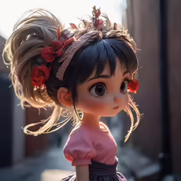 an adorable doll with flowers in her hair on the street