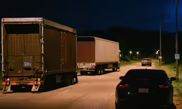 three truck trailers are parked next to each other in traffic,cars on a street with two trailers in the middle