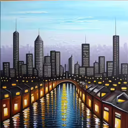 a painting of the city lights reflecting in the river,a painting of a city lite up at night,a painting of a bridge with water under it,a painting shows a river going under a bridge,this painting is inspired on the lights of night