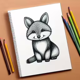 the drawing is on a table with colored pencils
