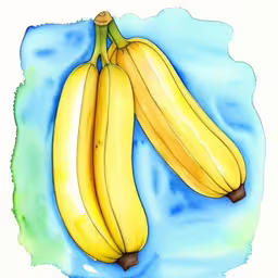 the drawing is done with watercolors and brush,a drawing of two yellow bananas