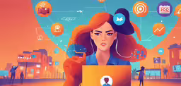 the girl is typing on her laptop with icons over her head,a woman with red hair holding a laptop computer in front of her face