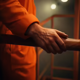 someone in an orange shirt with his hands on a railing