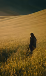 a man walking in the grass at sunset