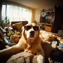 a dog laying down on the floor wearing shades